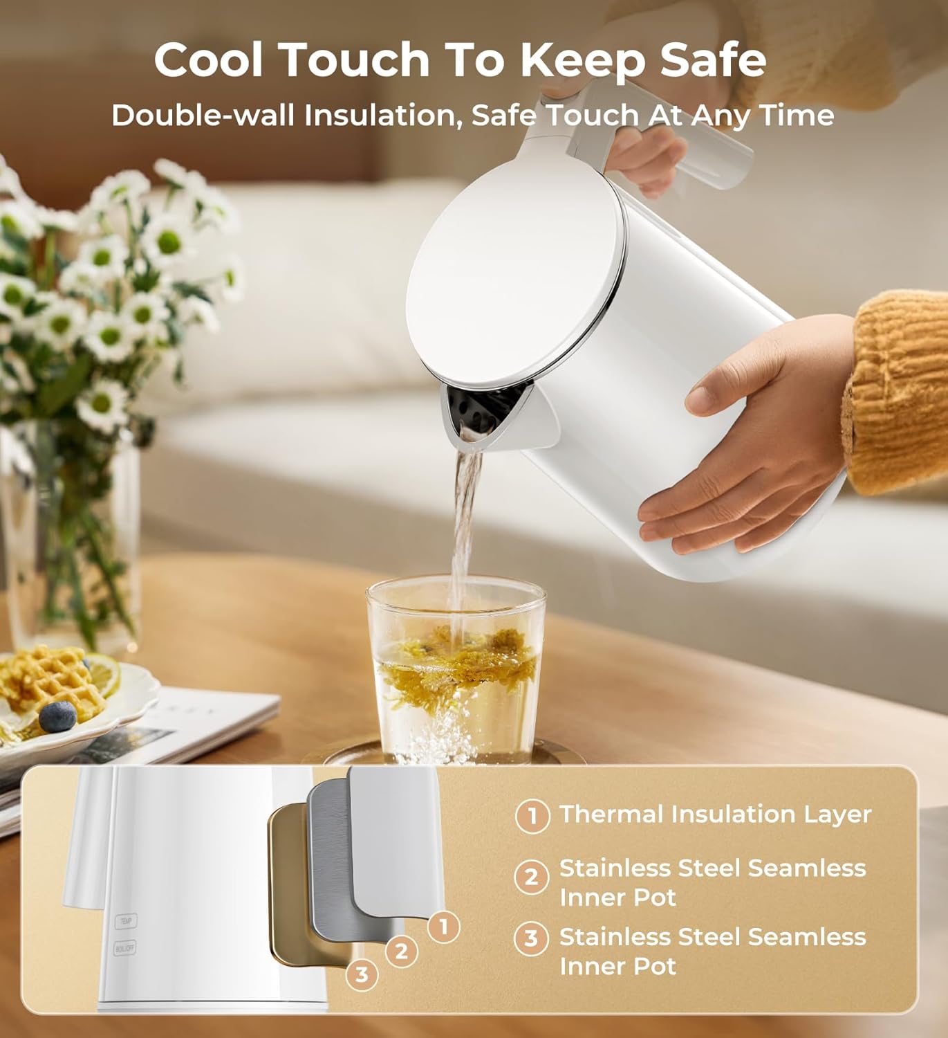 Electric Kettle, 1.0L 1200W Fast Heat with Auto Shut-Off, Boil-Dry Proof, 7 Temperature Control Teapot, Double Wall Stainless Steel Water Boiler Heater, 4H Keep Warm, Cool Touch Tea Pot, White