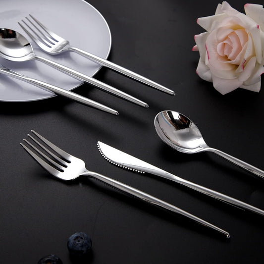 SUT 150Pcs Silver Plastic Silverware, Silver Disposable Cutlery, Heavy Duty Disposable Silverware, Plastic Utensils Include 50 Plastic Forks, 50 Plastic Spoons, 50 Plastic Knives