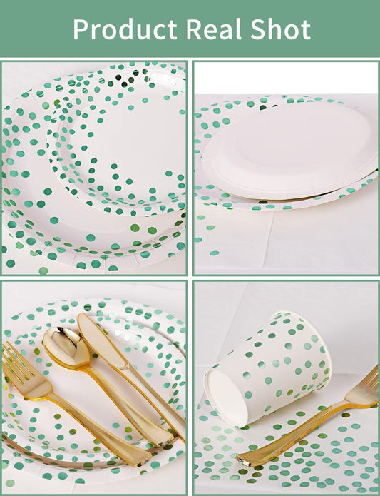 141 Pieces Green Dots Party Supplies, Party Dinnerware Sets Include Paper Plates Napkins Cups Silverware, for Wedding Bridal Shower Engagement Birthday Parties Decoration -20 Serves