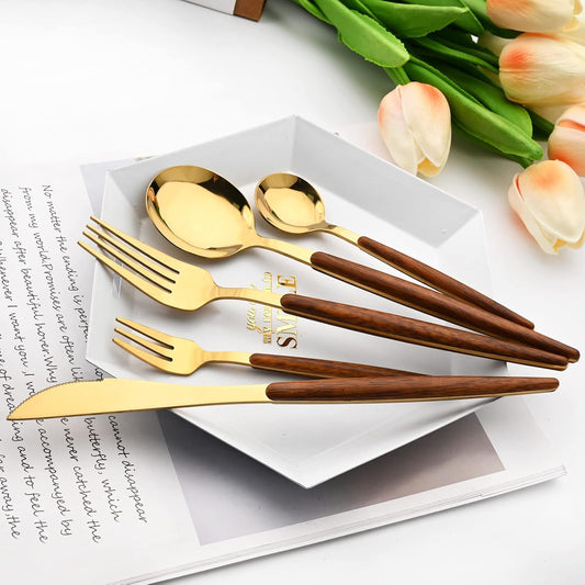 20 Piece (4 Set) Wood Handle Silverware Set, Retro 18/0 Stainless Steel Cutlery Set, Kitchen Utensils Include Knife Fork Spoon, Mirror Polish, Gold
