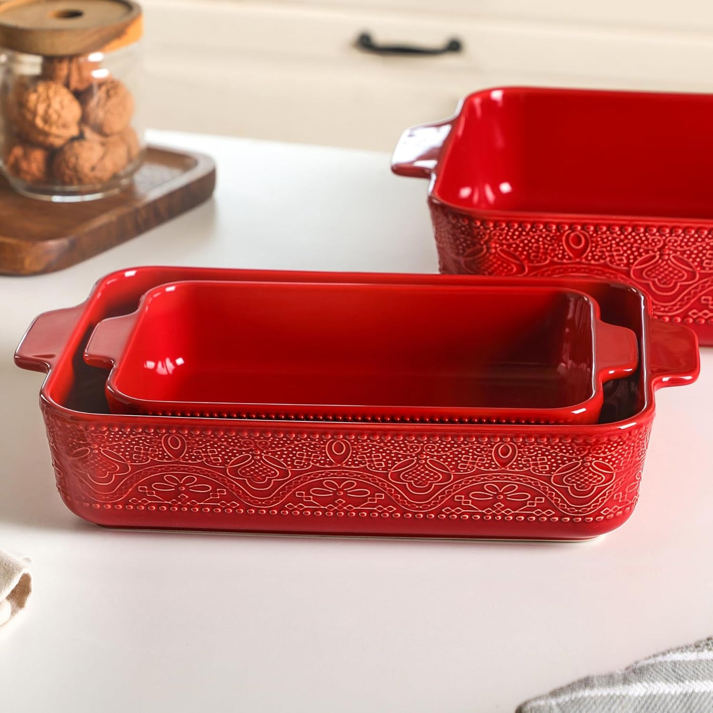 Ceramic Baking Dish Set of 3, Casserole Dishes for Oven, Ideal for Baking, Stewing, Roasting, and Holiday Feasts. The Gift for Mother's Day, Thanksgiving, Christmas, or Housewarming(Christmas Red)