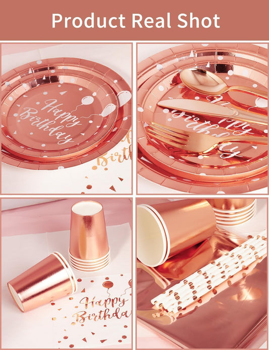 Birthday Party Tableware, 161 Pieces Rose gold Party Supplies, Dinnerware Sets Include Paper Plates Napkins Cups Silverware, for Shower Engagement Parties Decoration -20 Serves