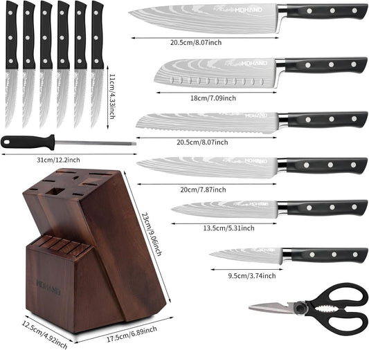 MDHAND Knife Set with Block, 15 Pieces Professional Chef Knife Set, Forged, High Carbon Stainless Steel Kitchen Knife Set with Sharpener - Forged Triple Rivet, Dishwasher Safe, Best Chef Gifts, Black