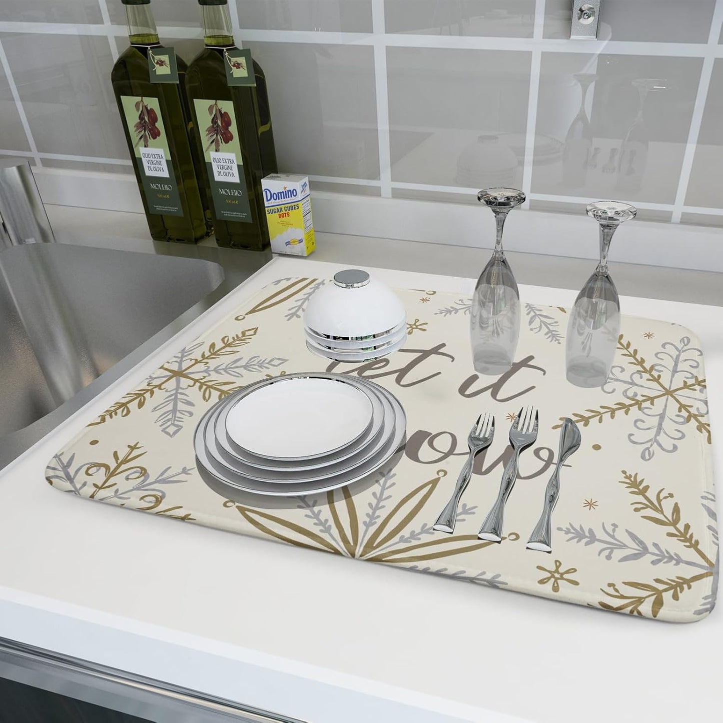Christmas Snowflake Dish Drying Mats for Kitchen Counter 18×24 Inch Winter Snowflake Let It Snow Large Microfiber Drying Mat Kitchen Accessories Dish Rack Mat Drainer Pad Washable Absorbent