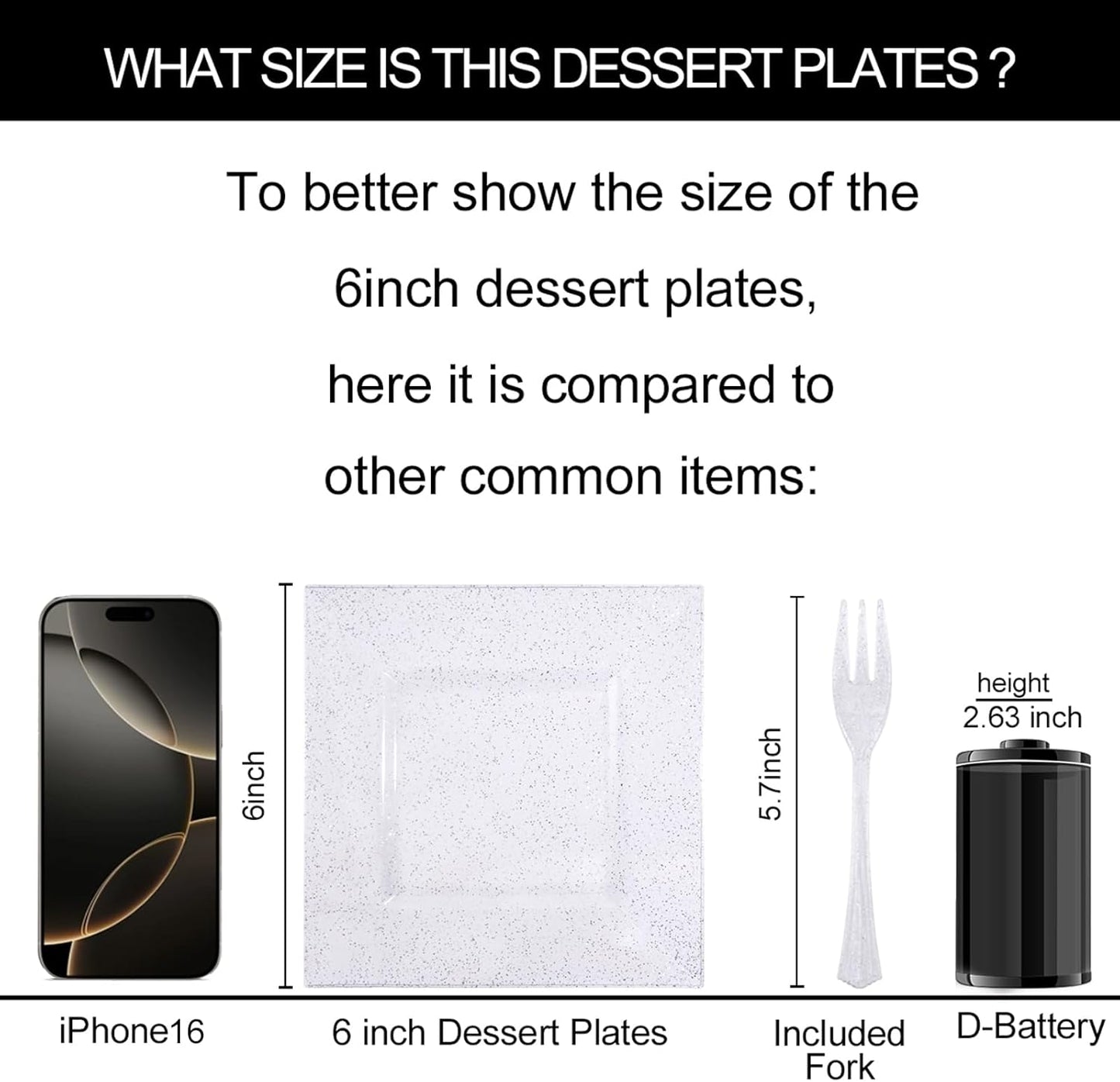 DaYammi 100 Pcs Plastic Dessert Plates 6" with 100 Pcs Plastic Forks 5.7"- Silver Glitter Disposable Square Plate Fancy Salad Plate Appetizer Plates and Silver Forks Combo Bulk Set for Wedding Party