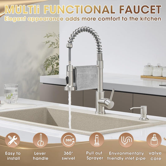 Kitchen Faucet with Sprayer Soap Dispenser Brushed Nickel Stainless Steel Single Handle 1 or 3 Hole Dual Function Spring Commercial Kitchen Faucets for Farmhouse Camper Laundry Rv Bar