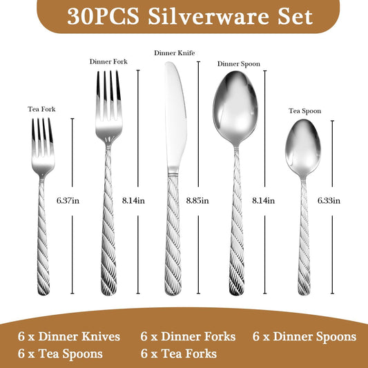 Luxury Hammered Silverware Set, 30 Pieces Flatware Set Service for 6, 18/10 Premium Stainless Steel, Mirror Polished Cutlery Utensil Set Include Fork Knife Spoon Set Dishwasher Safe