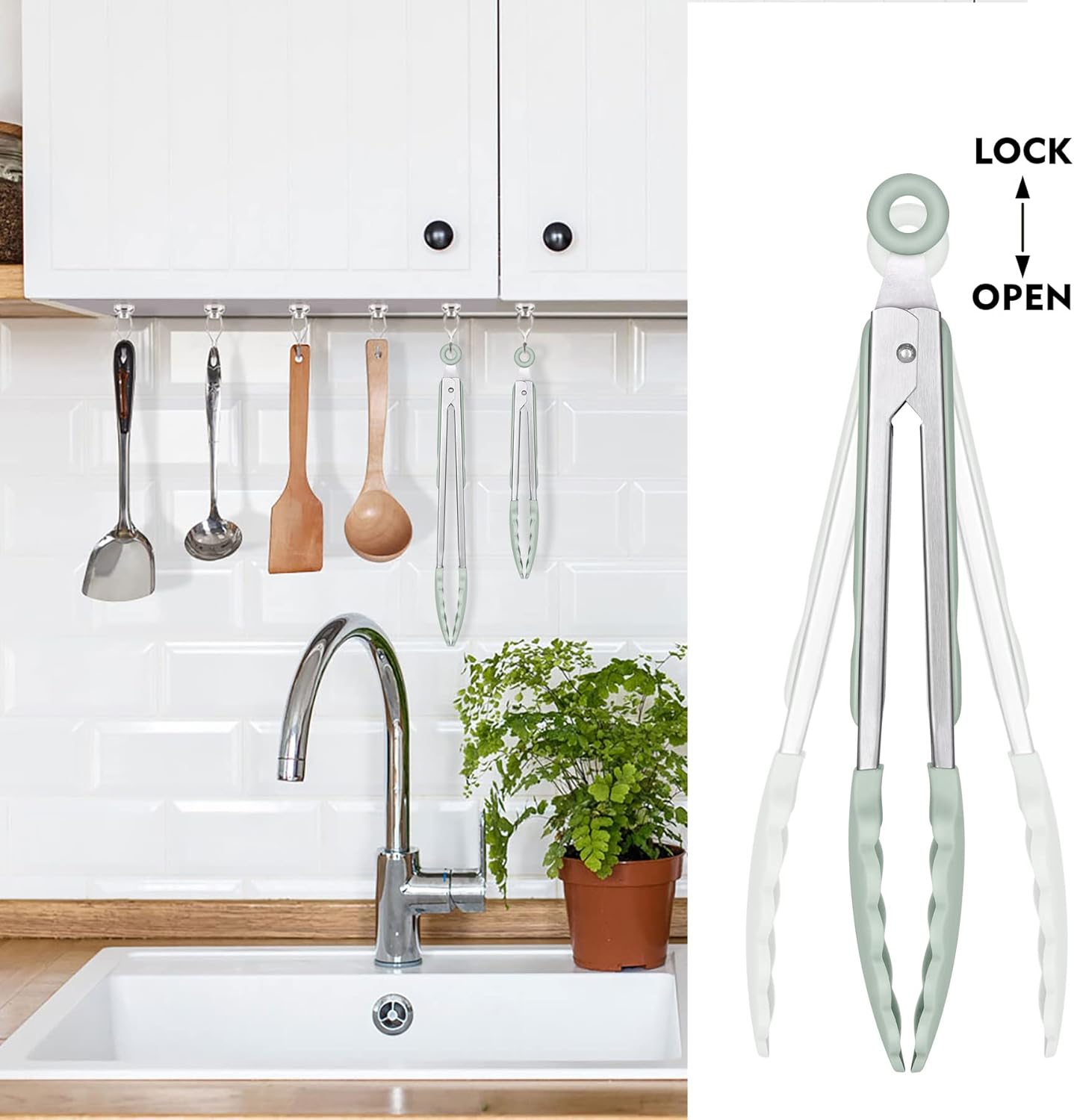 Hotec Premium Stainless Steel Locking Kitchen Tongs with Silicon Tips, Set of 2-9" and 12" Light Green