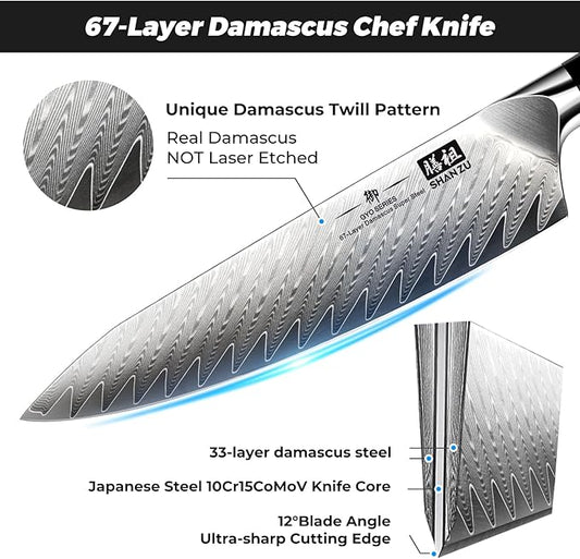 SHAN ZU Damascus Chef Knife 8 inch, 67-Layer High Carbon Steel Kitchen Knife Ultra Sharp Japanese Chef Knives, Professional Kitchen Utility Knives with G10 Ergonomic Handle/Gift Box