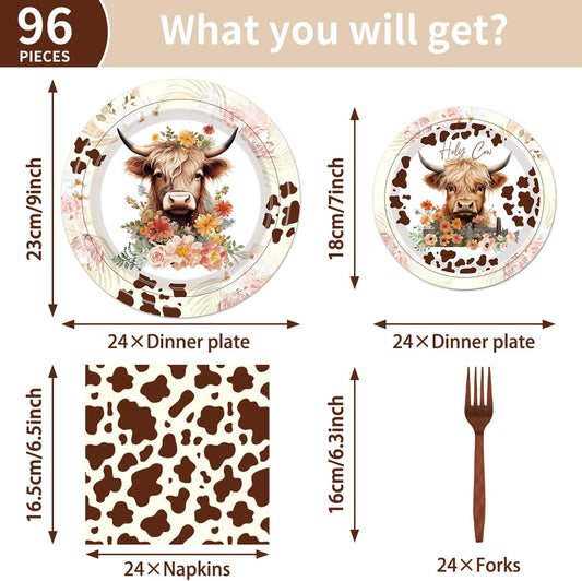 Highland Cow Party Supplies Tableware - 96 Pcs Brown Cow Tableware Disposable Plates Napkins Forks Sets for 24 Guests, Highland Cow Party Decorations Animal Party Favor for Baby Shower Kids Birthday