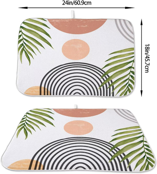 Boho Mid Century Dish Drying Mat 18 x 24 inch, Summer Abstact Coral Sunset Green Palm Leaf Decorative Drying Mats Microfiber Absorbent Dish Washable Draining Mat for Kitchen Counter Decor