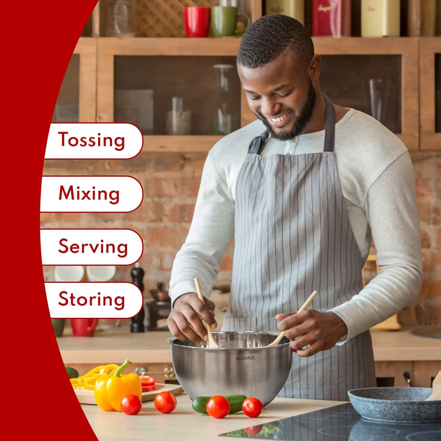 Belwares Mixing Bowls with Lids Set - 3-Piece Stainless Steel Nesting Bowls with Graters, Handles, and Airtight Lids - Non-Slip Mixing Bowls for Cooking, Baking, Prepping, and Food Storage (Red)