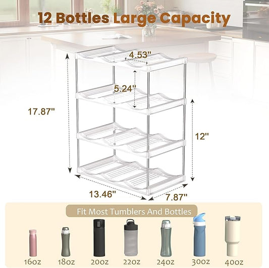 LAMU Stackable Water Bottle Holder Organzier for 40 oz Large Tumbler, 4 Tier Clear Tumbler Bottle Cup Rack for Kitchen Cabinet Organziers and Storage, Hold 12