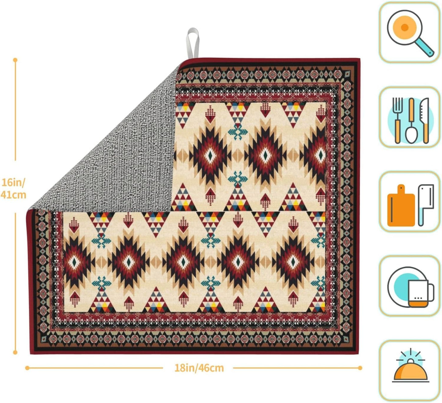 Southwestern Tribal Aztec Dish Drying Mat for Kitchen Counter, Cute Decorative Dish Drainer Rack Mats 16x18 Inch Absorbent Reversible Drying Pad