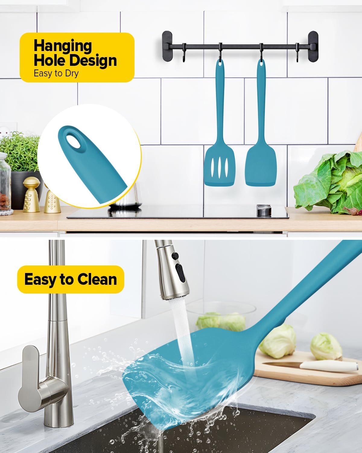 Pack of 2 Silicone Spatula Turners, Non Stick Slotted Kitchen Spatula Set, Heat Resistant BPA Free Kitchen Utensils, One-Piece Design, Suitable for Flipping Fish, Eggs, Steak, Pancakes(BLUE)