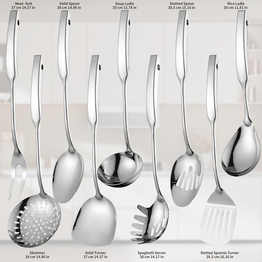 9PCS Silverware Set for 304 Stainless Steel Kitchen Utensils Set Cooking Utensil Set, 15 Inches All Metal Cooking Tools Wok Kitchen Cookware Set with Spatula Useful Pots and Pans Accessories