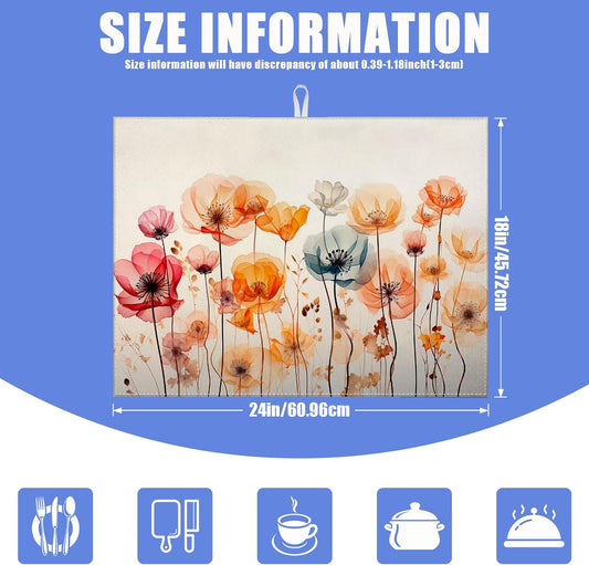 Poppy Dish Drying Mat for Kitchen Counter Wild Flower Drying Pad Absorbent Reversible Dish Drainer Rack Mats Draining Pad 18"x24"Inch