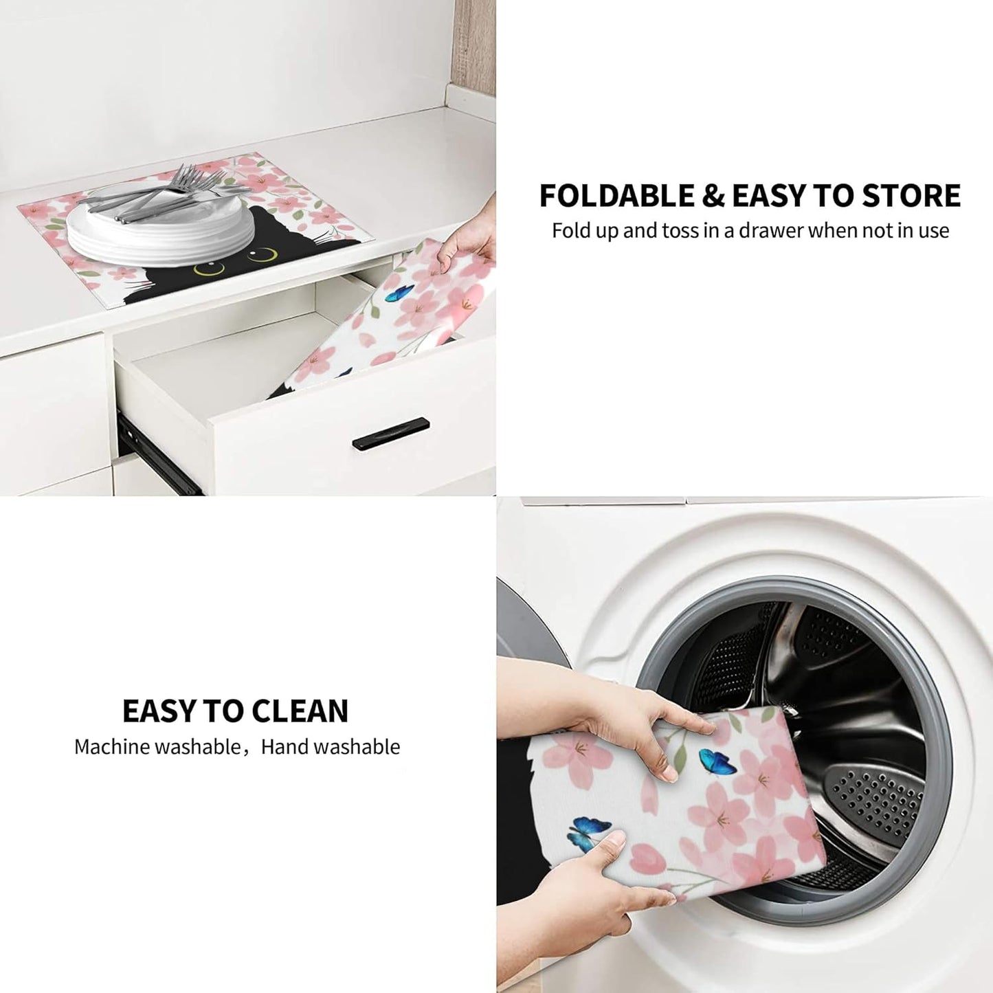 Flowers Black Cat Butterfly Dish Drying Mat for Kitchen Counter, 16"x18" Microfiber Absorbent Fast Dry Mat, 2Pcs Dish Mat Faucet Mats Sets, Large Drying Kitchen Mat Kitchen Drying Pad Coffee Bar Decor