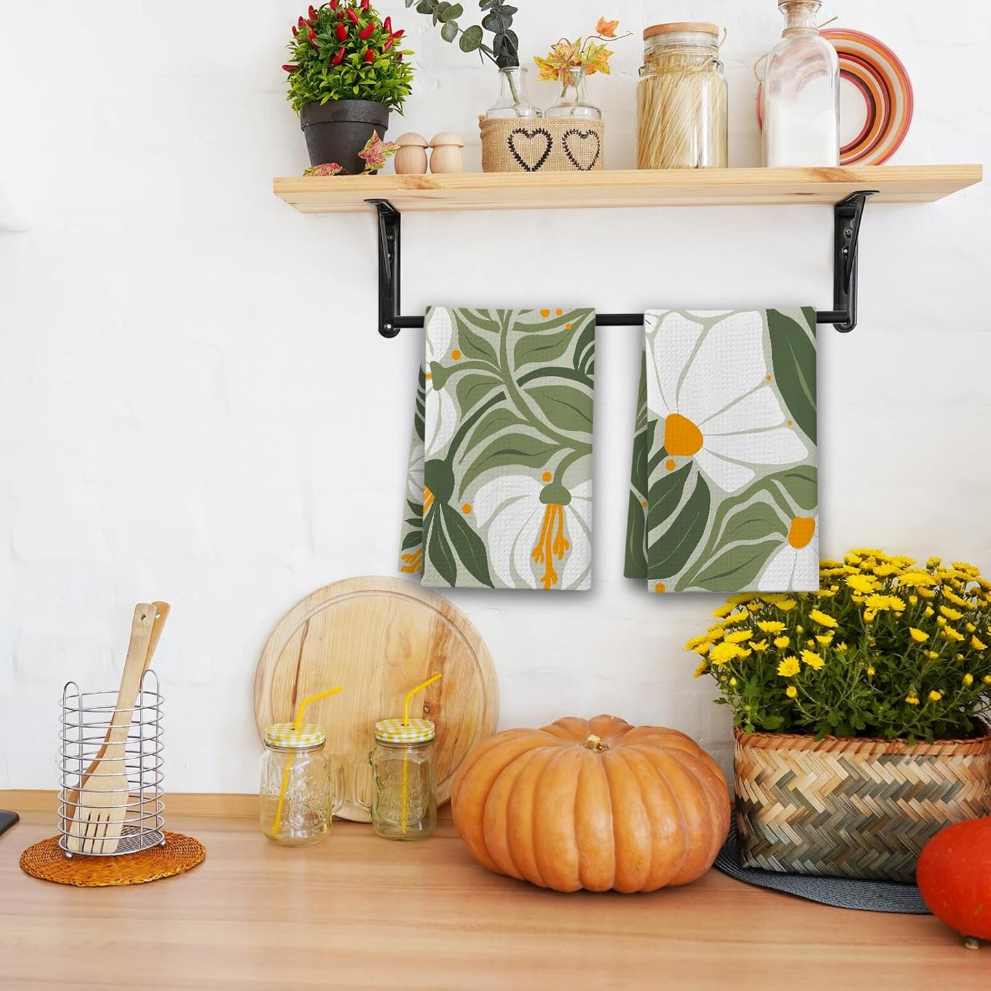 Abstract Boho Floral Kitchen Towels, Sage Green House Hand Towel Set of 2, Vintage Gifts for Home Bathroom Holiday Decor - A01