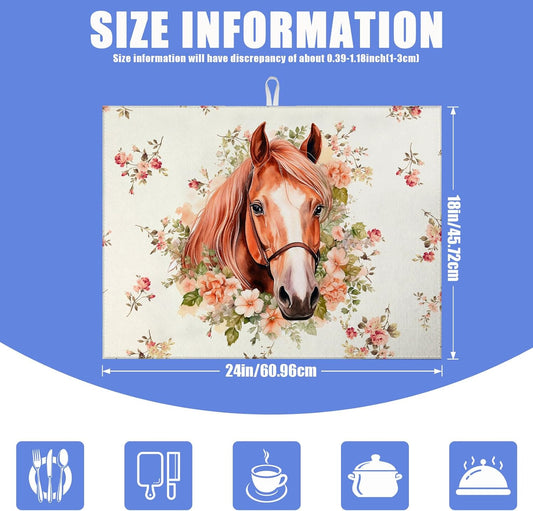 Horse Flower Dish Drying Mat for Kitchen Counter Drying Pad Absorbent Reversible Dish Drainer Rack Mats Draining Pad 18"x24"Inch