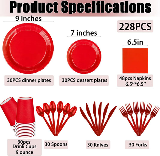 TWOWYHI 228PCS Red Party Supplies Set Include Paper Plates Cups Red Napkins Plastic Spoons Forks Knives for 30 Guests Disposable Party Dinnerware for Birthday Wedding Family Picnic