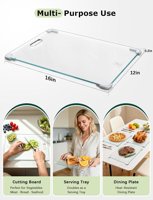 Tempered Glass Cutting Board Set, Large 16"x12" Glass Cutting Board for Kitchen with 4 Non-Slip Feet, Heat & Shatter Resistant Glass Cutting Board Dishwasher Safe, Perfect Kitchen Gift & Decor-Clear