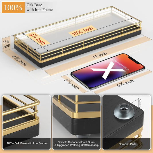 Wooden Decorative Tray, Oak 11.2" L Coffee Table Tray for Kitchen Countertop Soap Sponge Holder Candle Nightstand Table Centerpieces for Dining Room Decor Black Gold