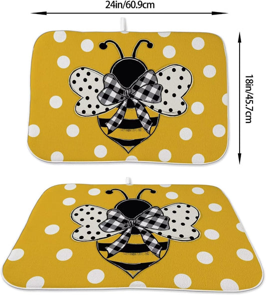 Summer Dish Drying Mat 18 x 24 inch Yellow Bumble bee Polka Dots Decorative Drying Mats Microfiber Absorbent Dish Washable Draining Mat for Kitchen Counter Decor