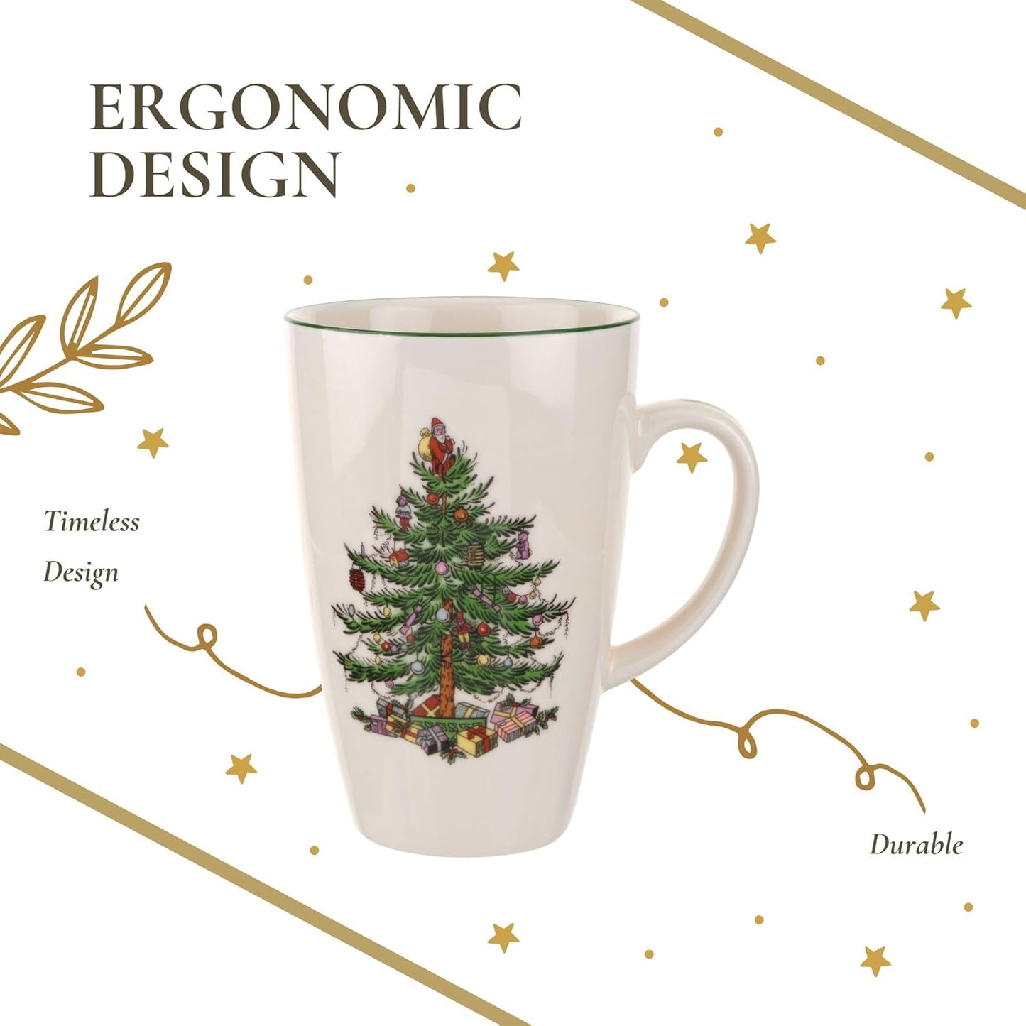 Spode Christmas Tree Latte Mug - 22 Oz Holiday Coffee Cup for Tea, Hot Cocoa, & More - Classic Green Banded Christmas Tree Design - Dishwasher & Microwave Safe Fine Stoneware Mug