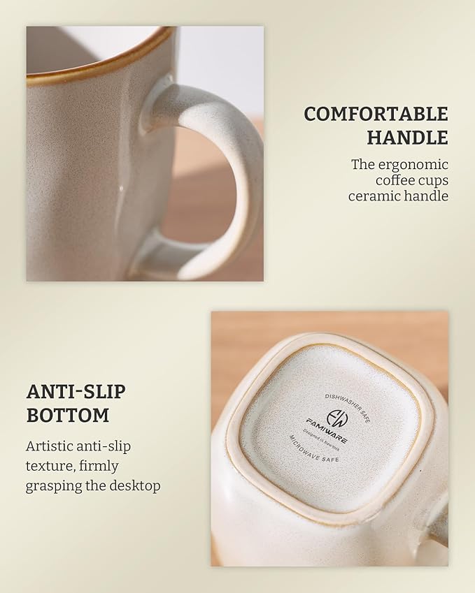 famiware Coffee Mugs Set of 4, Ocean Square 13oz Coffee Cup Set with Handle for Cocoa, Milk, Hot Chocolate, Stoneware Cups for Kitchen, Reactive Glaze, Microwave and Dishwasher Safe, Cappuccino White