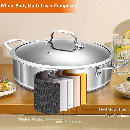 DELARLO Tri-Ply Stainless Steel 7QT Saute Pan 12 Inch Deep Frying Pan with lid Nonstick, Induction Compatible Chef Cooking Pan