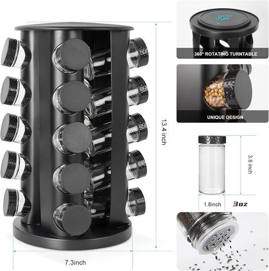 Black Countertop Rotating Spice Rack, Round Empty 20-Jars Revolving Spice Rack Organizer, 135 Spice Labels with Funnel Complete Set, for Kitchen Countertop, Cabinet