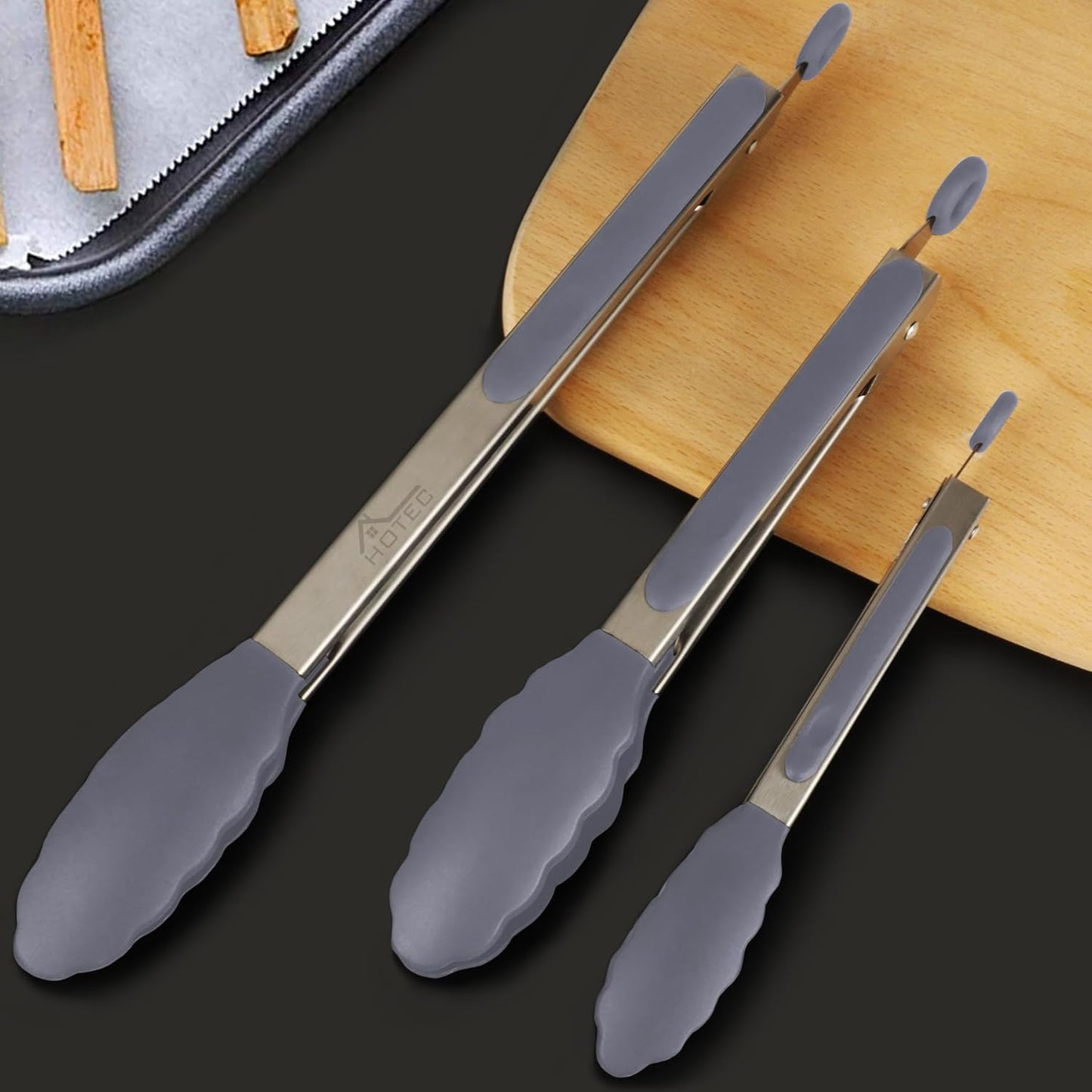 HOTEC Premium Stainless Steel Locking Kitchen Tongs with Silicon Tips, Set of 3-7", 9" and 12" (Grey)