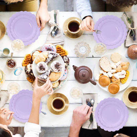 50 Pcs Light Purple Scalloped Paper Plates 25 × 7'' and 25 × 9'' Disposable Lavender Scalloped Dinner Plates for Wedding Baby Shower Birthday Party Disposable Dessert Plate