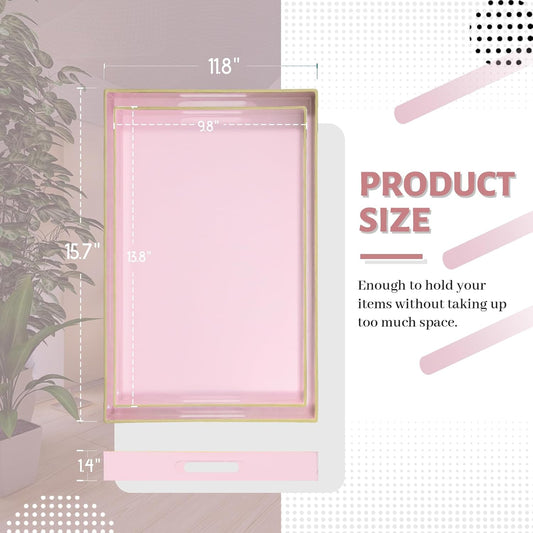 MAONAME Pink Serving Tray Set of 2, Plastic Decorative Trays with Handles, Rectangular Coffee Table Tray for Ottoman, Nesting Trays for Living Room, Bedroom