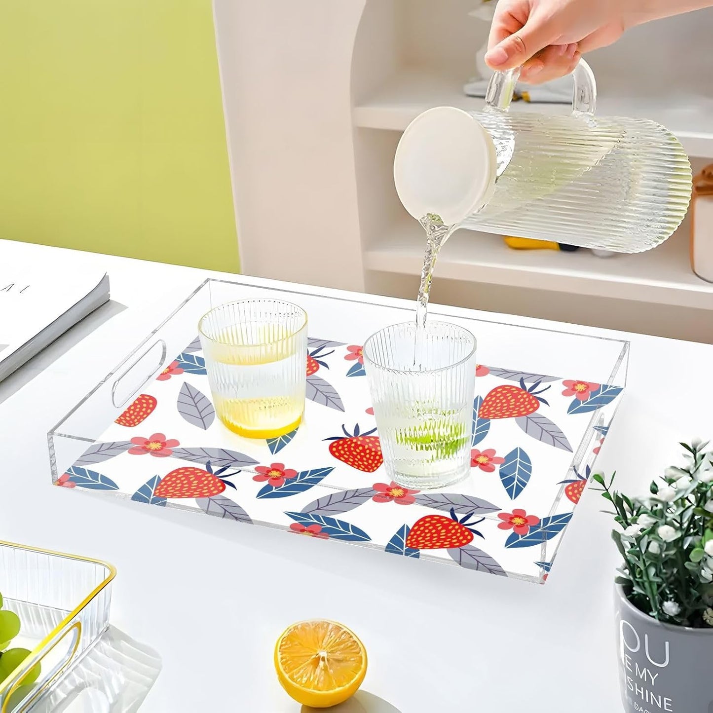 Acrylic Serving Tray with Handles Spill Proof Kitchen Storage Tray Clear Decorative Tray Makeup Drawer Organizer Storage Tray for Bathroom Living Room Ottoman 15.7x11.8Inches