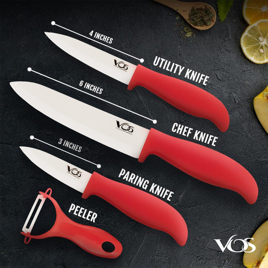 Vos Ceramic Knife Set with Peeler, Ceramic Knives Set For Kitchen, Ultra Sharp Kitchen Knife Set with Covers, 3" 4" 6" Paring, Utility & Chef Knife, Ultra Sharp, Lightweight, Dishwasher safe (Red)