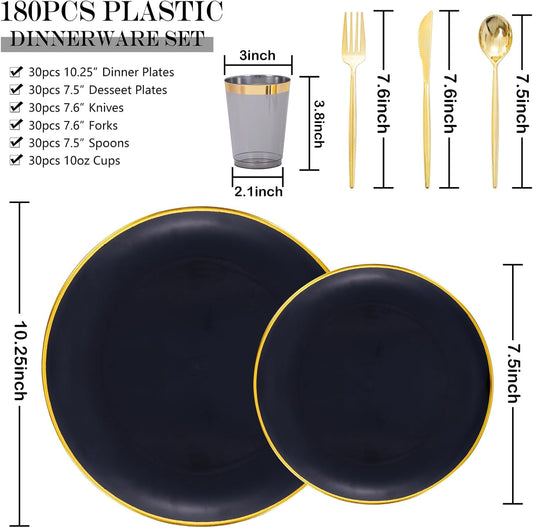 EI 180pcs Black Plastic Plates Black and Gold Disposable Plates Gold Plastic Dinnerware Set Silverware and Cups for Birthday,Wedding,Festival,Party Graduation,Halloween