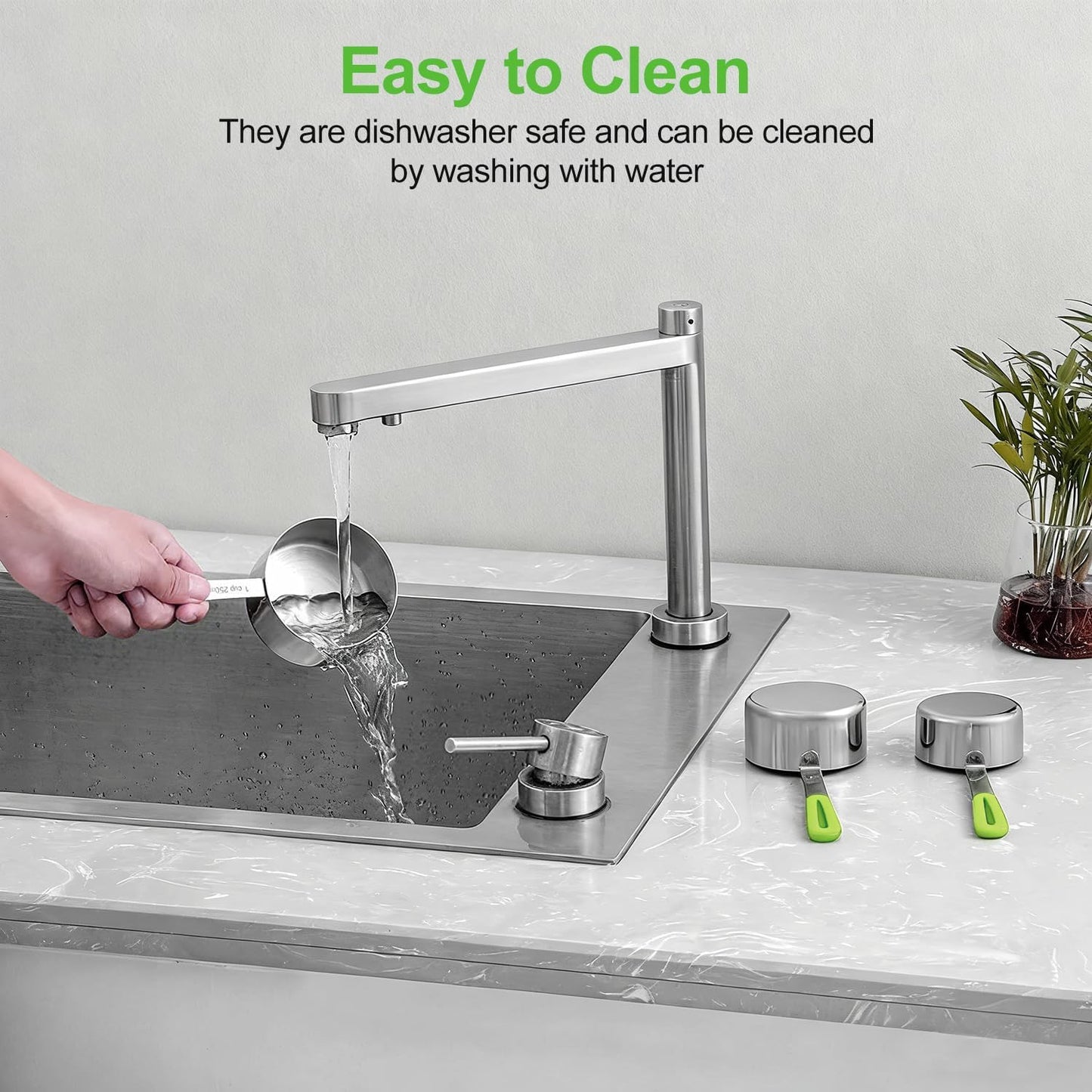 Measuring Cups and Spoons Set, Stainless Steel 10 Piece for Cooking and Baking (5 Cups + 5 Spoons, Green Handle)