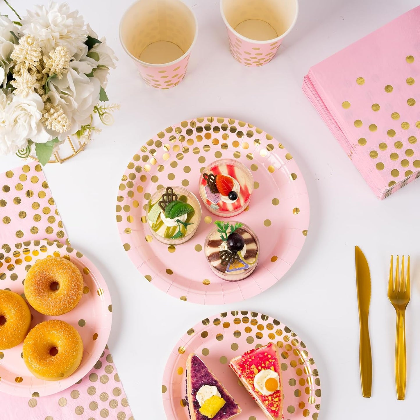 DECORLIFE 336PCS Pink and Gold Disposable Dinnerware Set Serves 48, Pink Paper Plates Napkins Cups, Gold Plastic Forks Spoons Knives for Wedding Baby Shower Princess Birthday Party Supplies