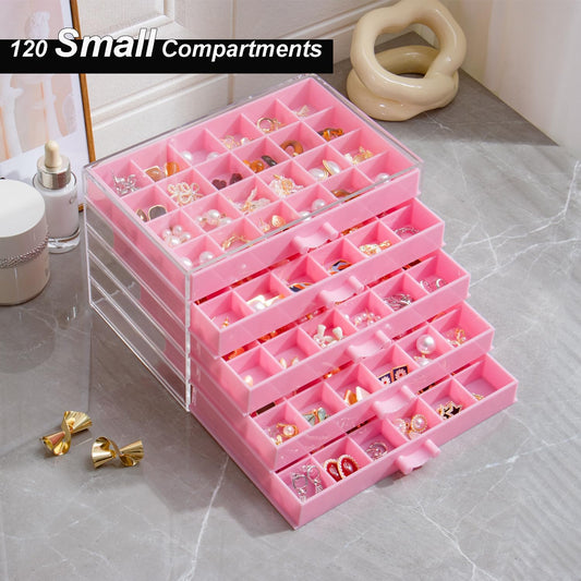 Earring Storage Box Organizer, Acrylic Jewelry Storage Box Holder 5 Drawers Transparent Jewelry Display Stand with 120 Small Compartments Gift Boxes for Women Girls (Pink)