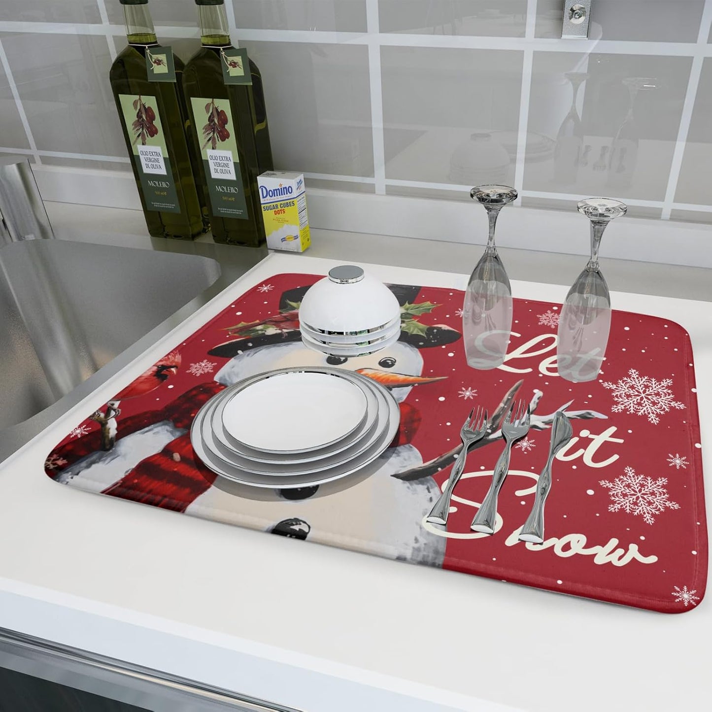 Christmas Snowman Dish Drying Mats for Kitchen Counter 18×24 Inch Snowflake Let It Snow Large Microfiber Drying Mat Kitchen Accessories Dish Rack Mat Drainer Pad Washable Absorbent