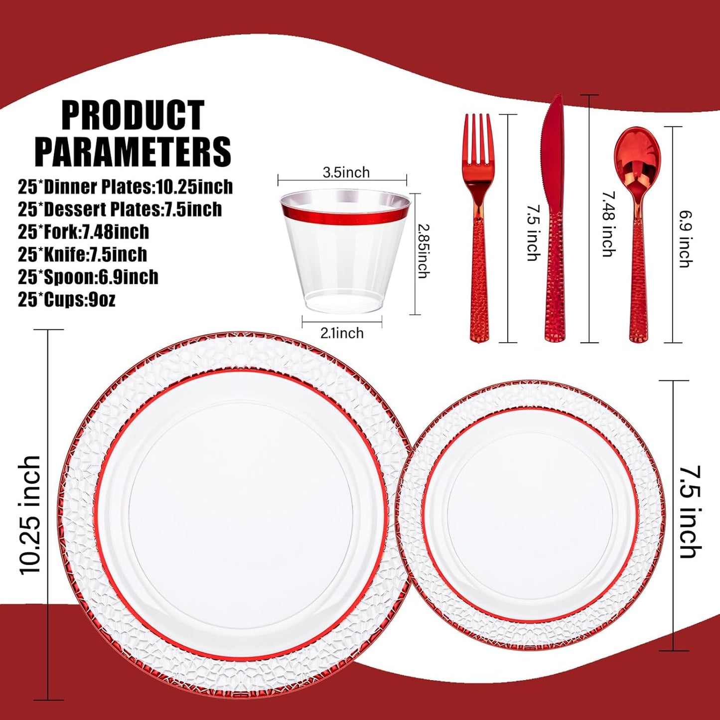 Ciaell 150 PCS Red Plastic Plates – Clear Hammered Disposable Plates with Red Rim include 50Plates, 25Forks, 25Knives, 25Spoons, 25Cups for Wedding & Party & Anniversary & Christmas