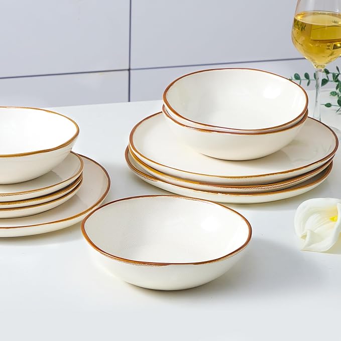 Bestone 12 Pieces Round Kitchen Dinnerware Sets,Plates and Bowls Sets,Dishes, Plates, Bowls, Dish Set, Chip Resistant Ceramic Dinnerware Set, Dishwasher/Microwave Safe,Service for 4,Pearl White