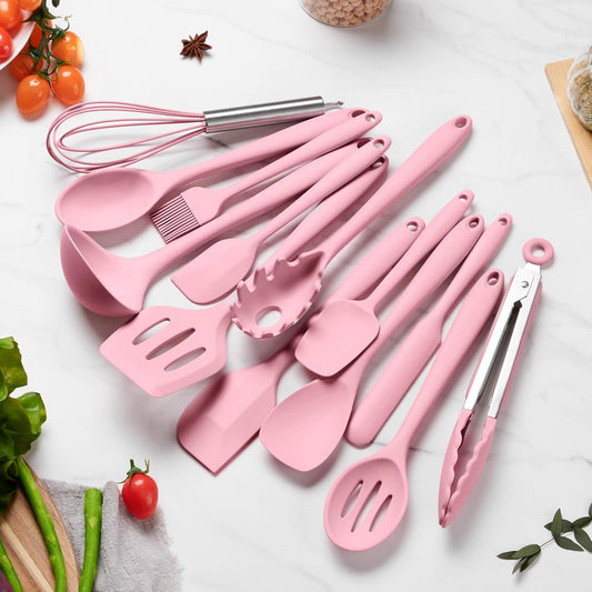 LIANYU 14 Pcs Kitchen Utensils Set, Silicone Cooking Utensils Spatula Set with Holder, Heat Resistant Cookware Tools Includes Spoon Turner Whisk Tong, Dishwasher Safe, Pink