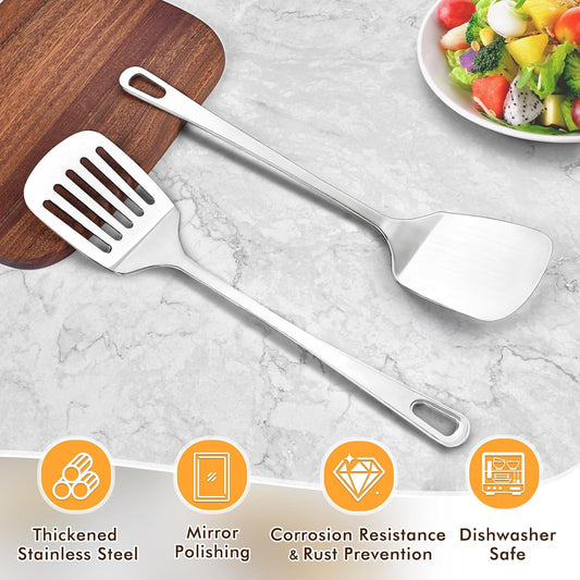 Stainless Steel Spatula, Metal Spatula Slotted Turner, Heavy Duty Sturdy Spatulas for Kitchen Use, High Heat Resistant Cooking Utensils for Fish Eggs Pancakes, Dishwasher Safe, Easy to Clean, Silver