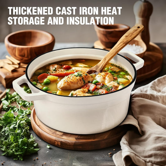 HAUSHOF 5.3QT Enameled Cast Iron Dutch Oven with Lid, Non-Stick Pot for Sourdough Bread Baking, Stewing, Rosting, Oyster White