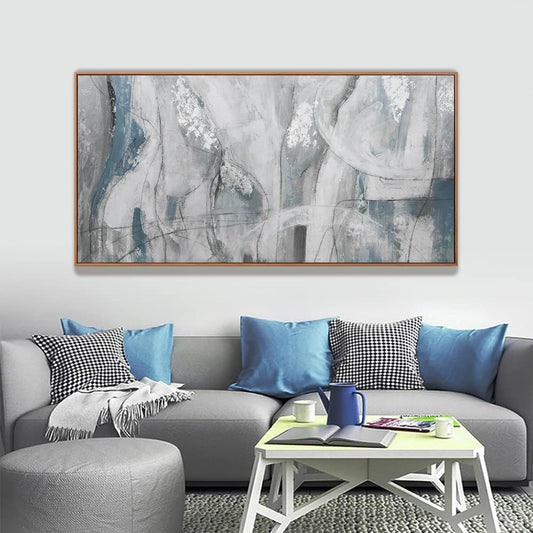 Large Abstract Wall Art For Living Room Hanging Decor Grunge Room Home Wall Decor Silver Blue Canvas Art Wall 29" X 58" With Framed Painting White Wall Art For Bedroom Home Office