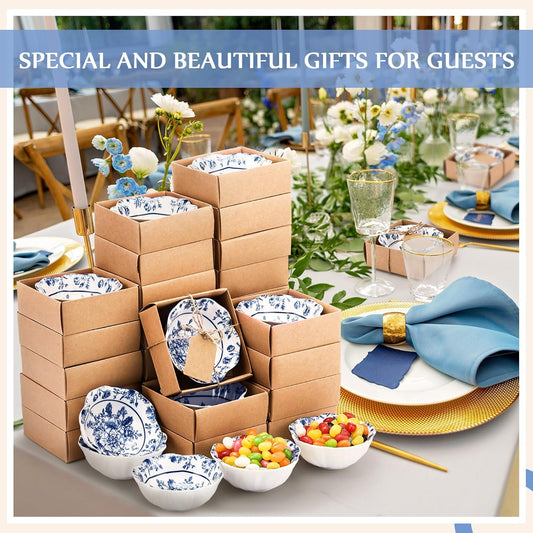 48 Pcs Wedding Favors for Guests Small Ceramic Bowl Bulk Gifts Set 3.3 Inch Floral Design Mini Dipping Bowl Sauce Dish with Cards Box for Bridal Baby Shower Birthday Guest Gift (Blue)
