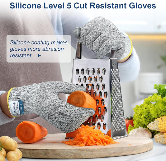 Dowellife Level 5 Cut Resistant Gloves with Silicone Coating, Food Grade Kitchen Knife Safety Gloves, Work Gloves for Chef, Mandoline Oyster Shucking Meat Cutting Wood Carving (Gray Large), Grey
